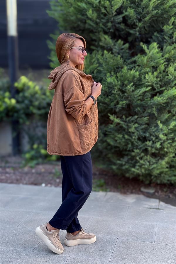 Çiçek Desenli Kapitone Ceket Taba Renk