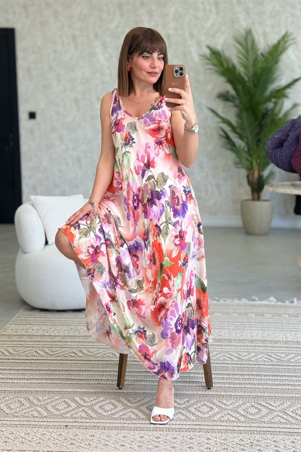 Çiçek Desenli Ön Arka V Yaka Kolsuz Saten Elbise Pembe Renk