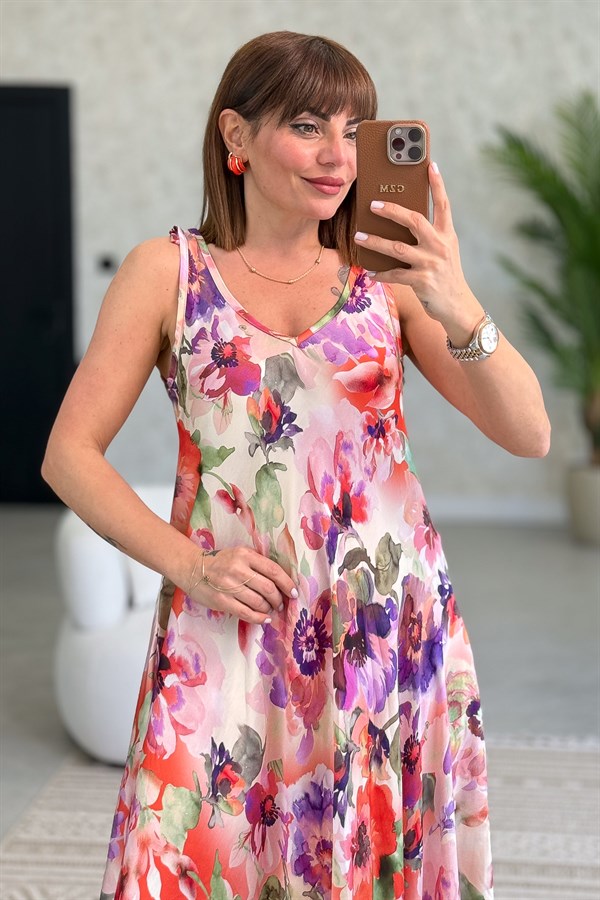 Çiçek Desenli Ön Arka V Yaka Kolsuz Saten Elbise Pembe Renk