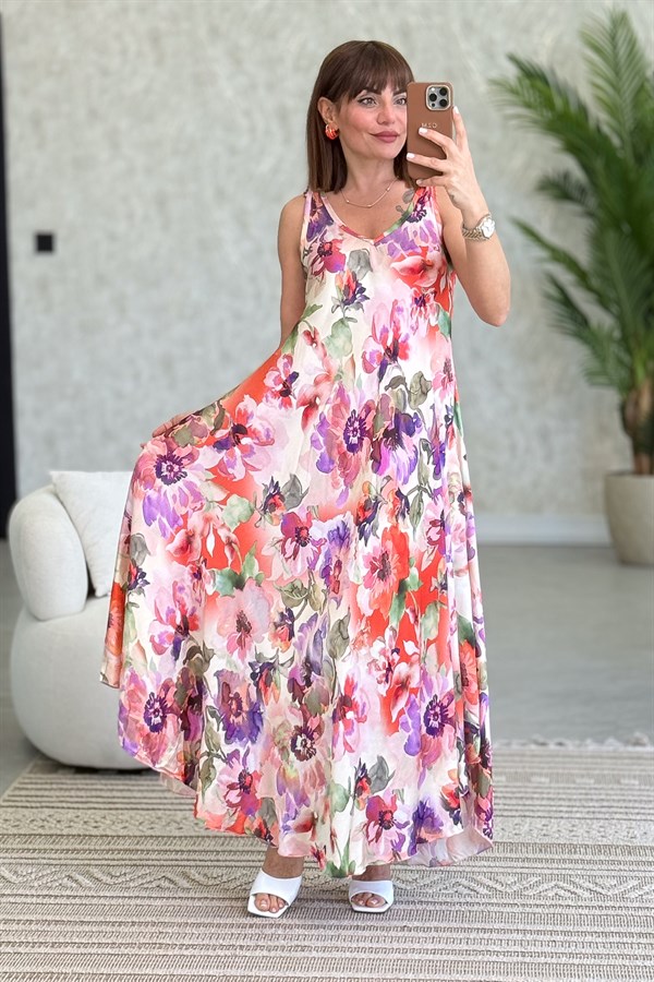 Çiçek Desenli Ön Arka V Yaka Kolsuz Saten Elbise Pembe Renk