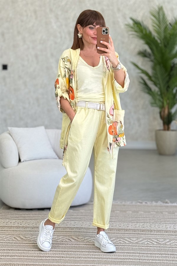 Çiçek Desenli Önden Fermuarlı Kapüşonlu Keten Ceket Sarı Renk
