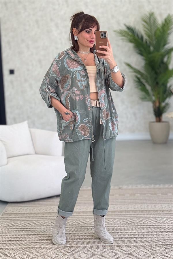 Çiçek Desenli Pamuklu Kapüşonlu Ceket Haki Renk