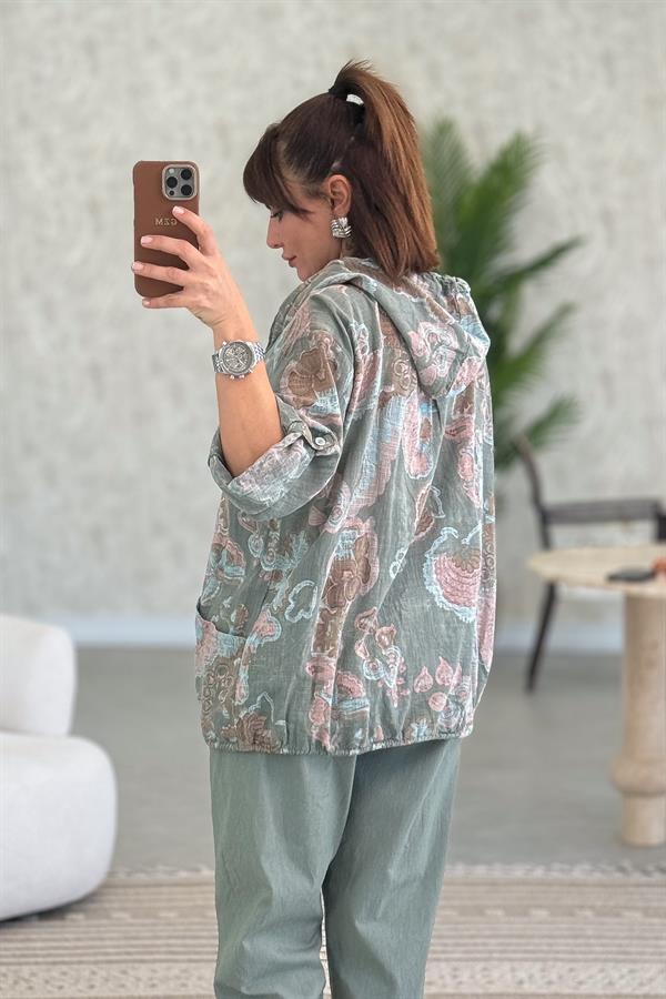 Çiçek Desenli Pamuklu Kapüşonlu Ceket Haki Renk