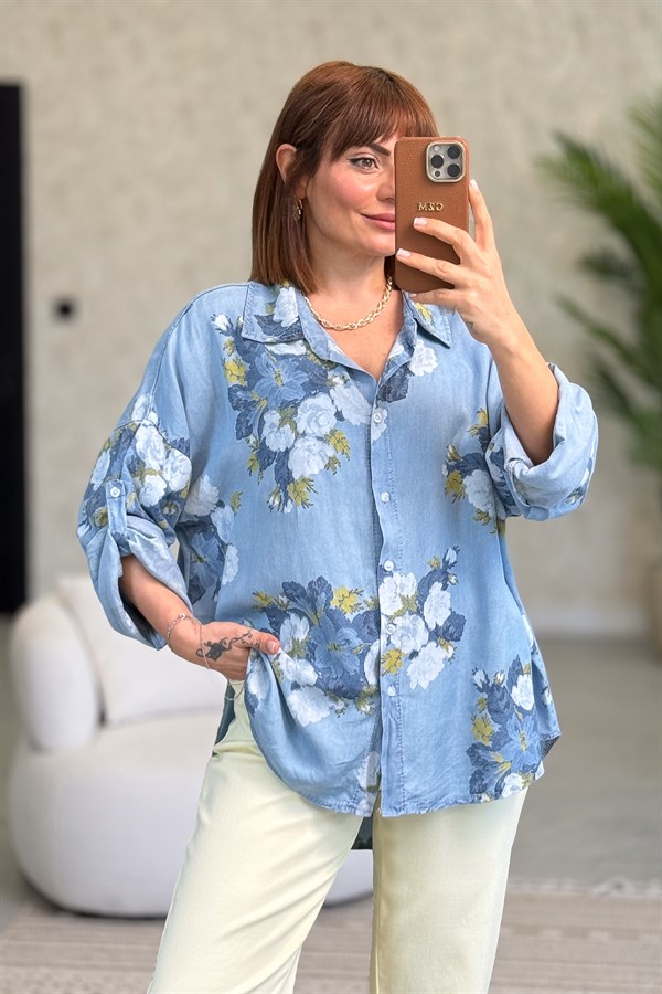 Çiçek Desenli Tensel Kot Gömlek Mavi Renk