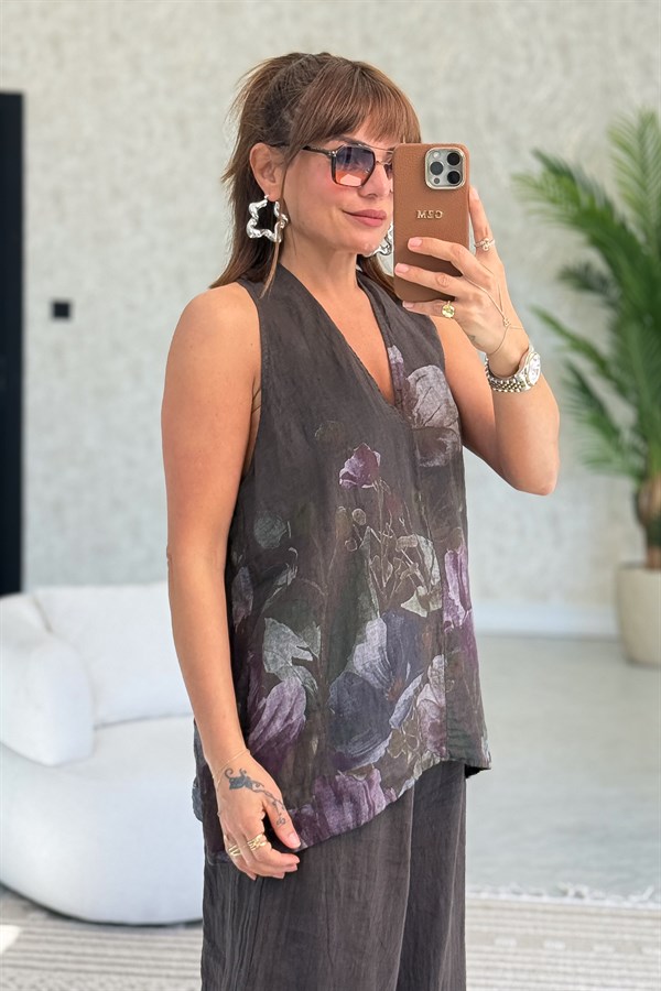 Çiçek Desenli Yüzücü Model Keten Bluz Acı Kahve Renk