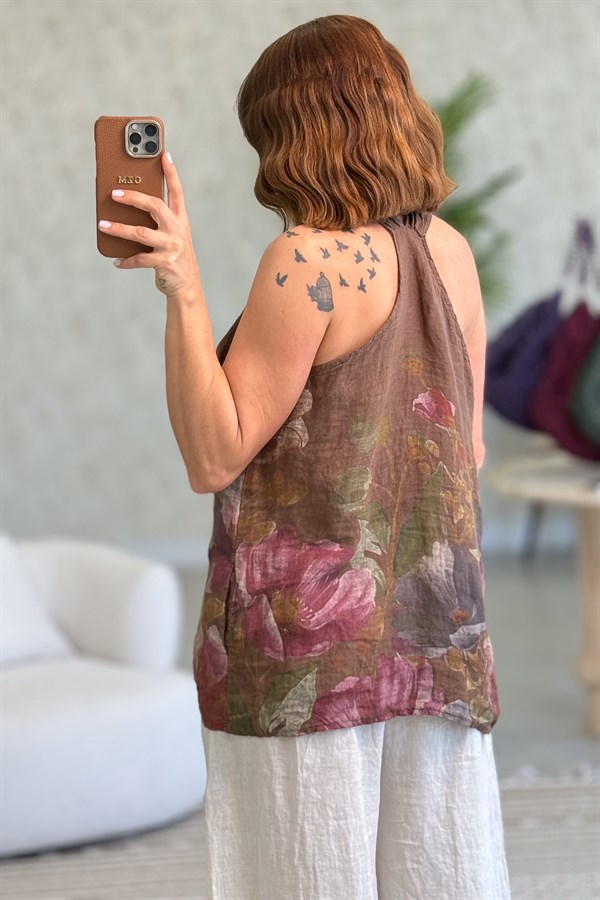 Çiçek Desenli Yüzücü Model Keten Bluz Kahverengi Renk