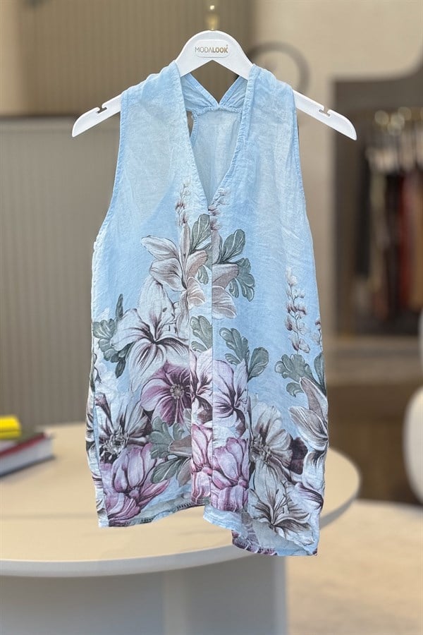Çiçek Desenli Yüzücü Model Keten Bluz Bebe Mavi RenkBLUZ