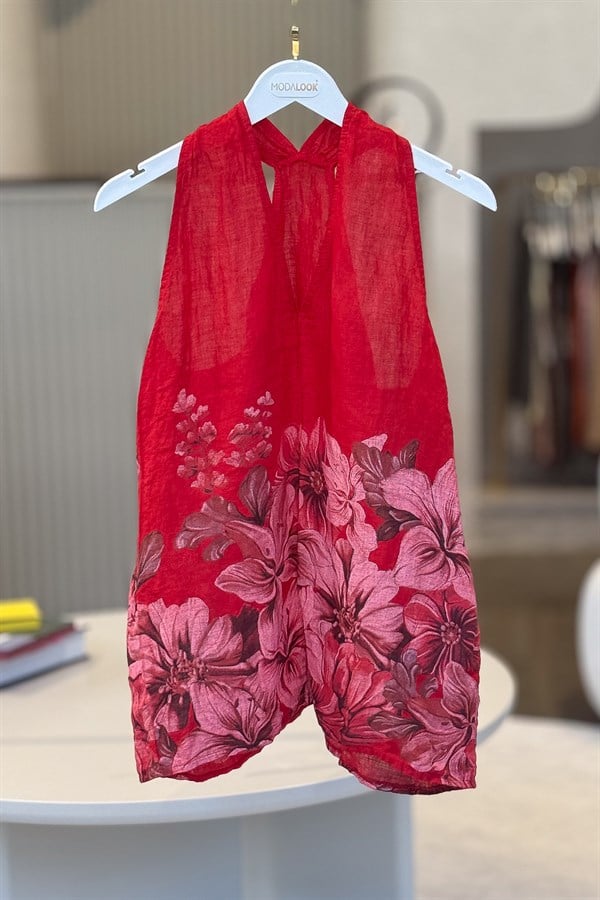 Çiçek Desenli Yüzücü Model Keten Bluz Kırmızı RenkBLUZ