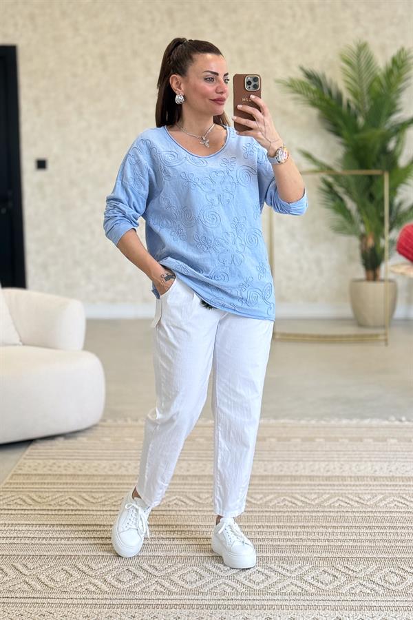 Çiçek Kabartma Detaylı Pamuklu Bluz Bebe Mavi Renk