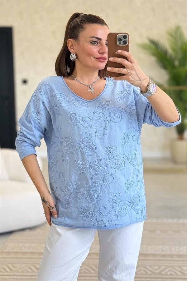 Çiçek Kabartma Detaylı Pamuklu Bluz Bebe Mavi Renk