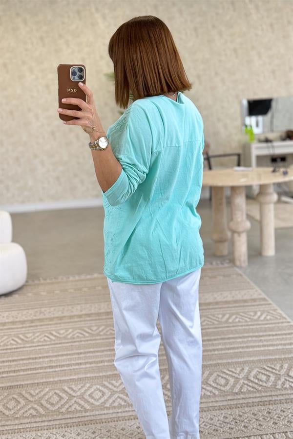 Çiçek Kabartma Detaylı Pamuklu Bluz Mint Renk
