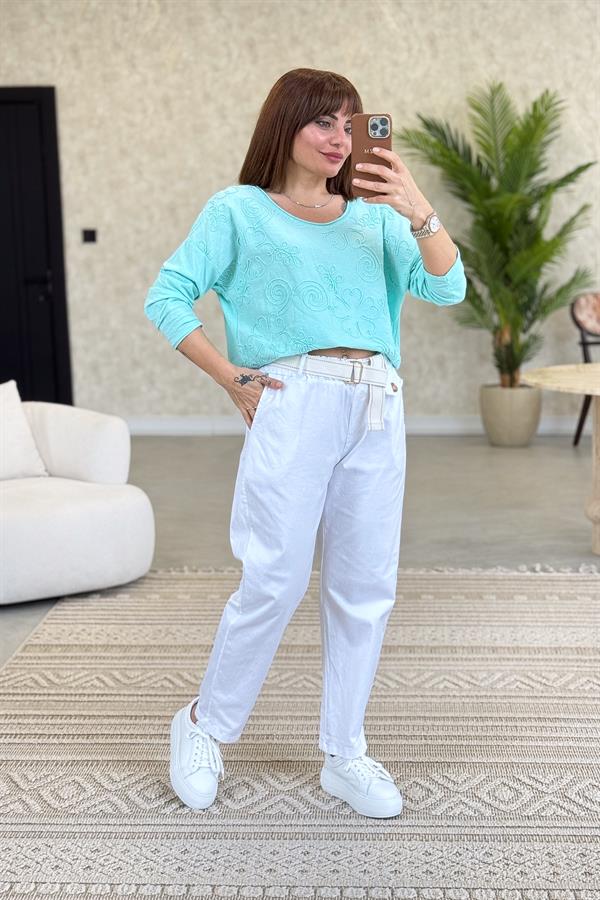 Çiçek Kabartma Detaylı Pamuklu Bluz Mint Renk