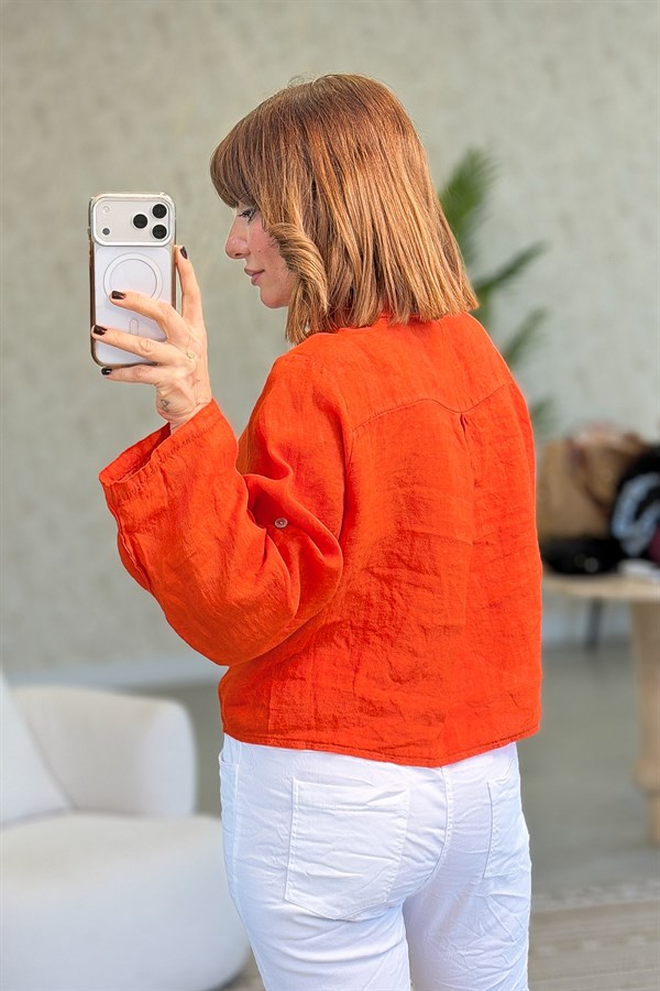 Çiçek Kabartmalı Düğme Yerleri Pullu Bağlamalı Keten Gömlek Turuncu Renk