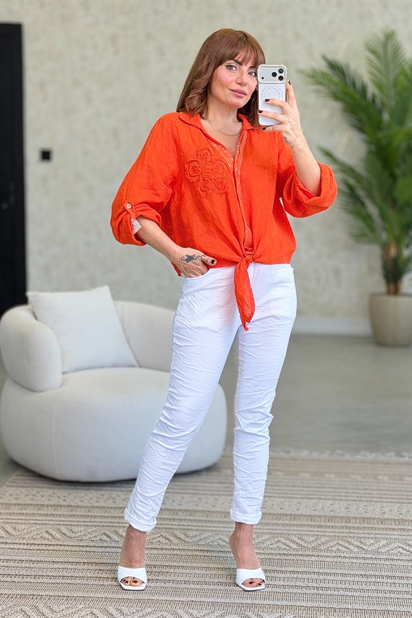 Çiçek Kabartmalı Düğme Yerleri Pullu Bağlamalı Keten Gömlek Turuncu Renk