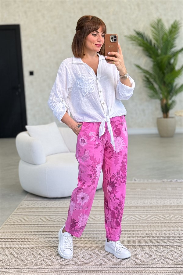 Çiçek Kabartmalı Düğme Yerleri Pullu Bağlamalı Keten Gömlek Beyaz Renk