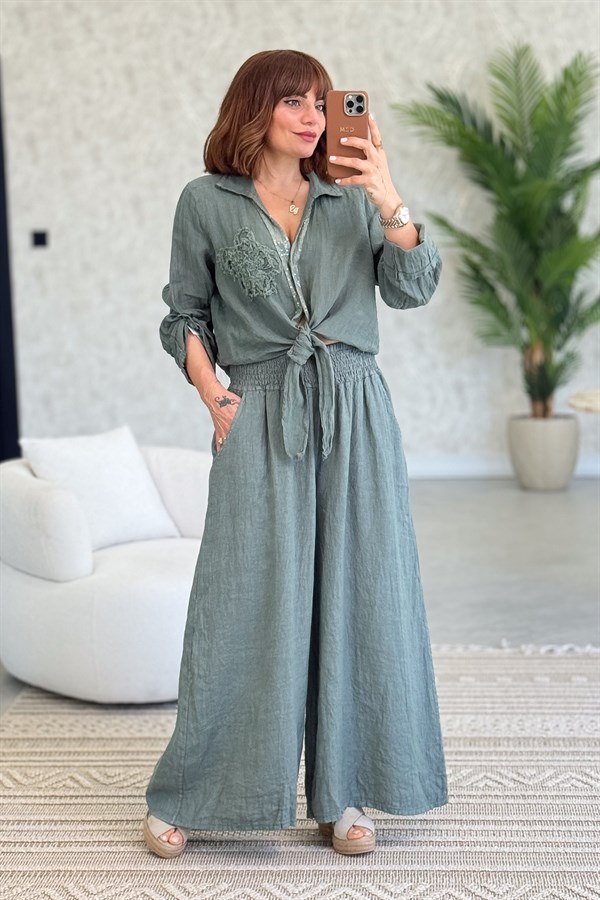 Çiçek Kabartmalı Düğme Yerleri Pullu Bağlamalı Keten Gömlek Haki Renk