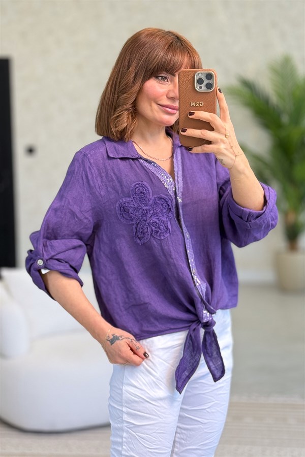 Çiçek Kabartmalı Düğme Yerleri Pullu Bağlamalı Keten Gömlek Mor Renk