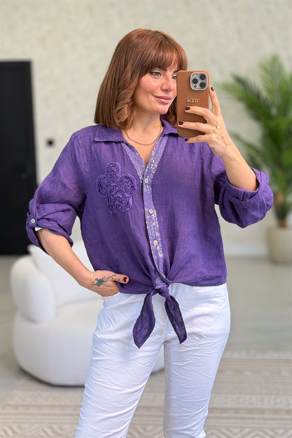 Çiçek Kabartmalı Düğme Yerleri Pullu Bağlamalı Keten Gömlek Mor Renk