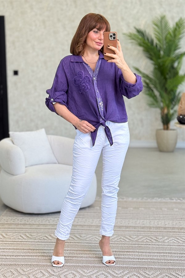 Çiçek Kabartmalı Düğme Yerleri Pullu Bağlamalı Keten Gömlek Mor Renk