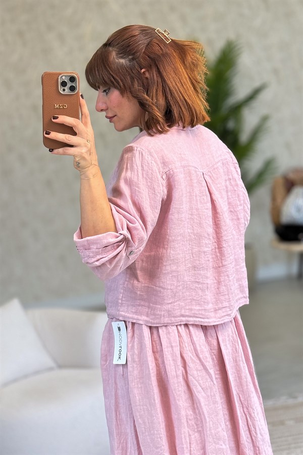 Çiçek Kabartmalı Düğme Yerleri Pullu Bağlamalı Keten Gömlek Pudra Renk