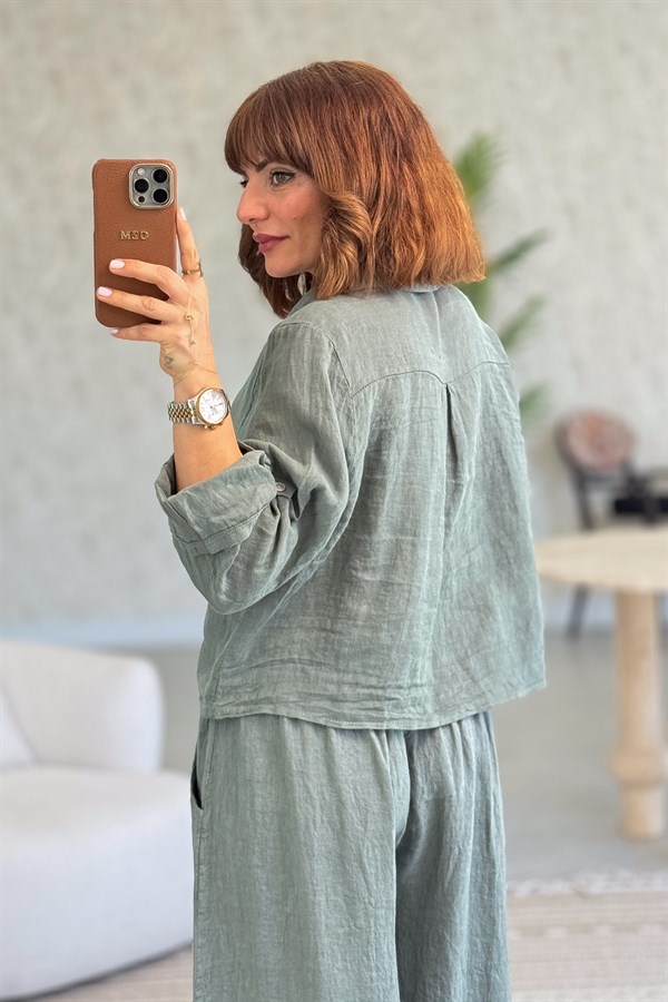 Çiçek Kabartmalı Düğme Yerleri Pullu Bağlamalı Keten Gömlek Haki Renk