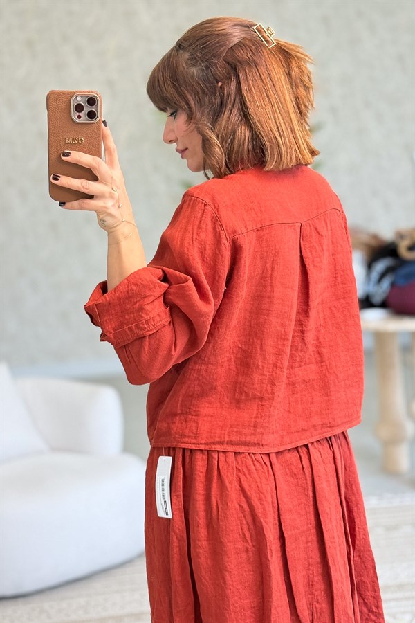 Çiçek Kabartmalı Düğme Yerleri Pullu Bağlamalı Keten Gömlek Kiremit Renk