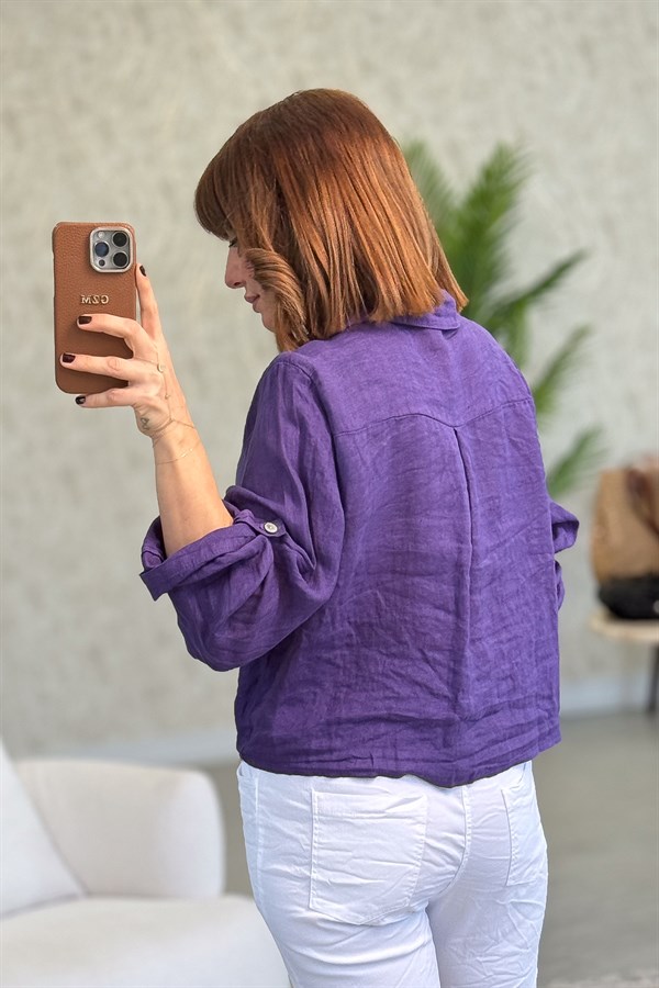 Çiçek Kabartmalı Düğme Yerleri Pullu Bağlamalı Keten Gömlek Mor Renk