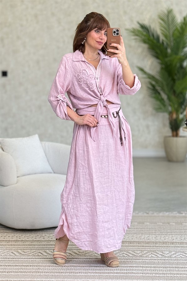 Çiçek Kabartmalı Düğme Yerleri Pullu Bağlamalı Keten Gömlek Pudra Renk