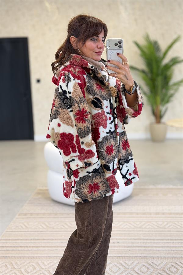 Çiçek Kabartmalı Kapüşonlu Düğmeli Keçe Kaban Krem Renk