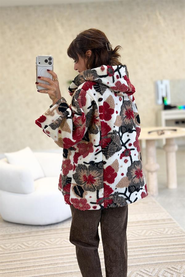 Çiçek Kabartmalı Kapüşonlu Düğmeli Keçe Kaban Krem Renk