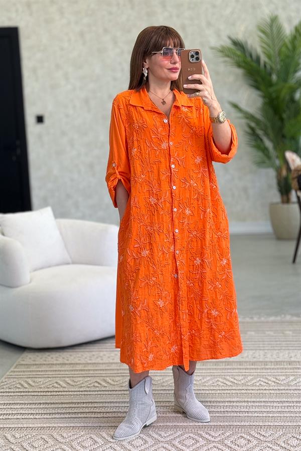 Çiçek Kabartmalı Önden Düğmeli Pamuklu Gömlek Elbise Turuncu Renk