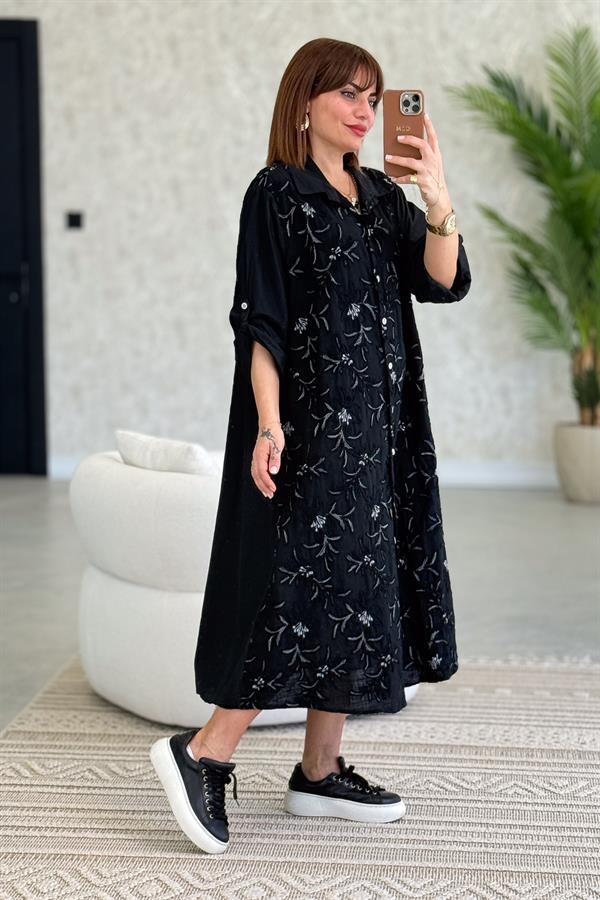 Çiçek Kabartmalı Önden Düğmeli Pamuklu Gömlek Elbise Siyah Renk