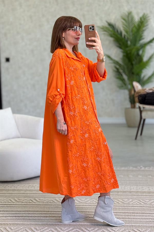 Çiçek Kabartmalı Önden Düğmeli Pamuklu Gömlek Elbise Turuncu Renk