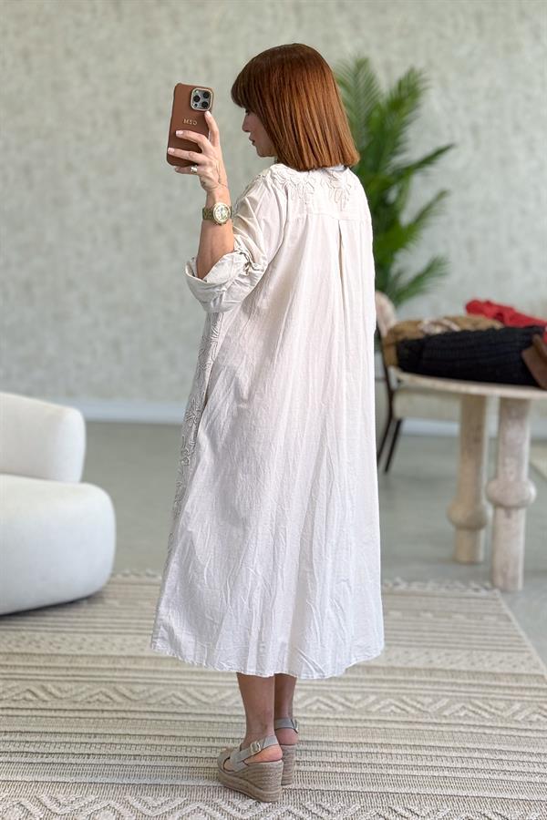 Çiçek Kabartmalı Önden Düğmeli Pamuklu Gömlek Elbise Bej Renk