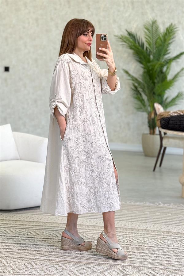 Çiçek Kabartmalı Önden Düğmeli Pamuklu Gömlek Elbise Bej Renk