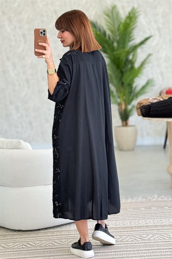 Çiçek Kabartmalı Önden Düğmeli Pamuklu Gömlek Elbise Siyah Renk