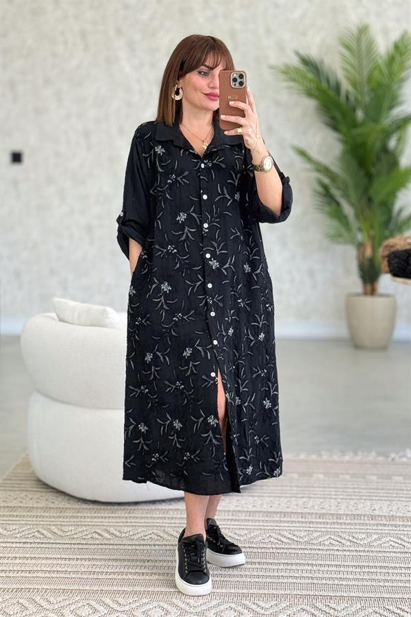 Çiçek Kabartmalı Önden Düğmeli Pamuklu Gömlek Elbise Siyah Renk