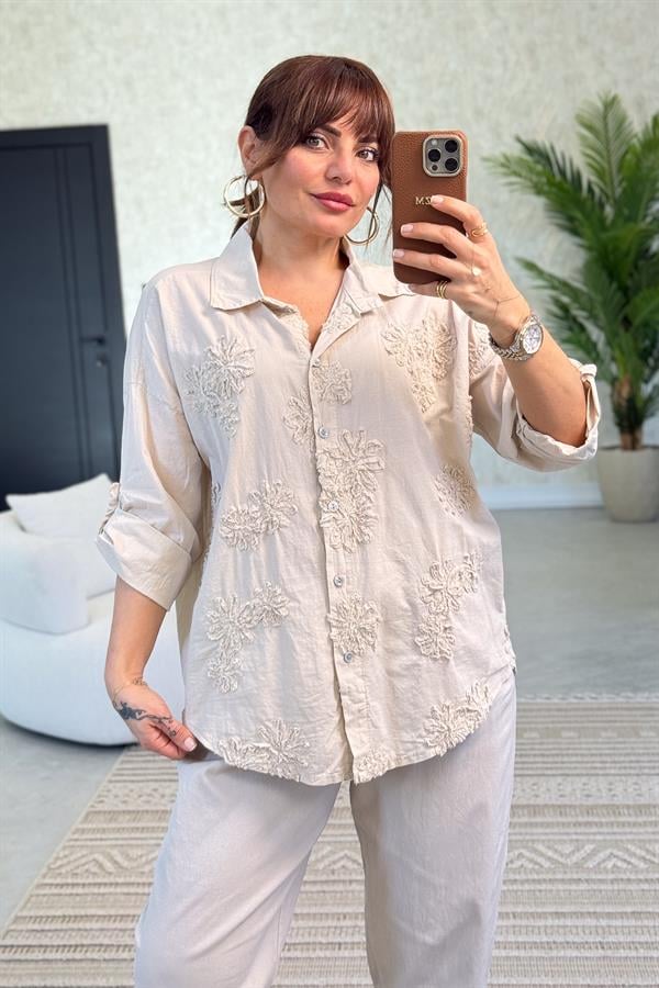 Çiçek Kabartmalı Pamuklu Gömlek Bej Renk