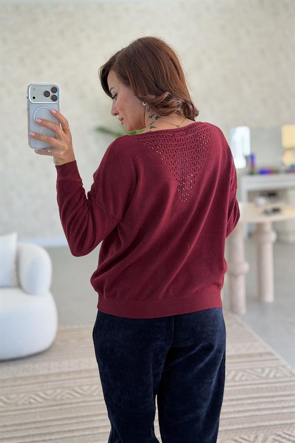 Çiçek Kabartmalı V Yaka Triko Bordo Renk