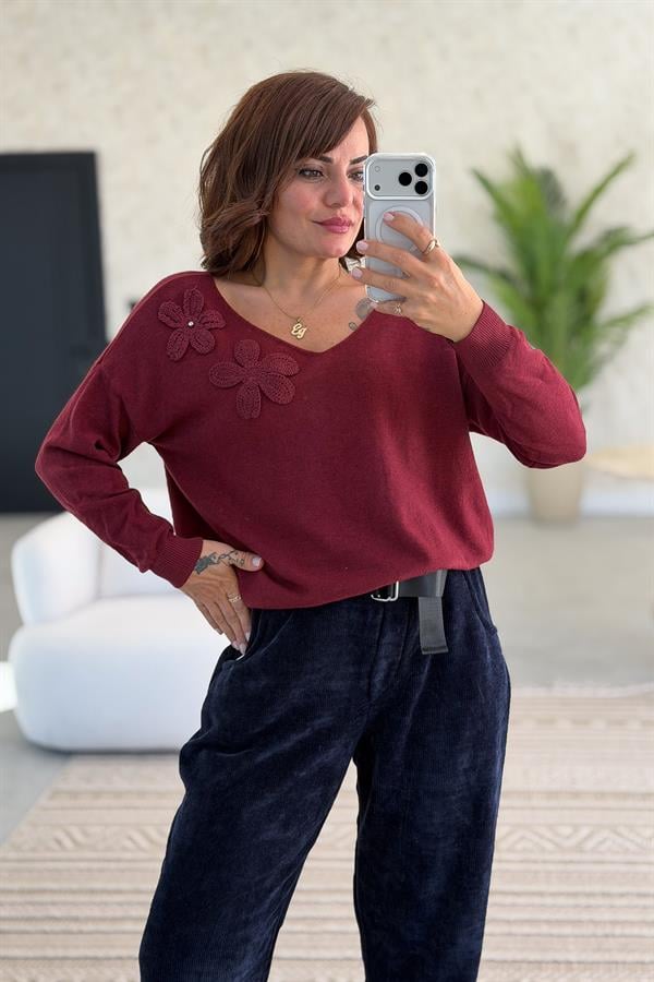 Çiçek Kabartmalı V Yaka Triko Bordo Renk