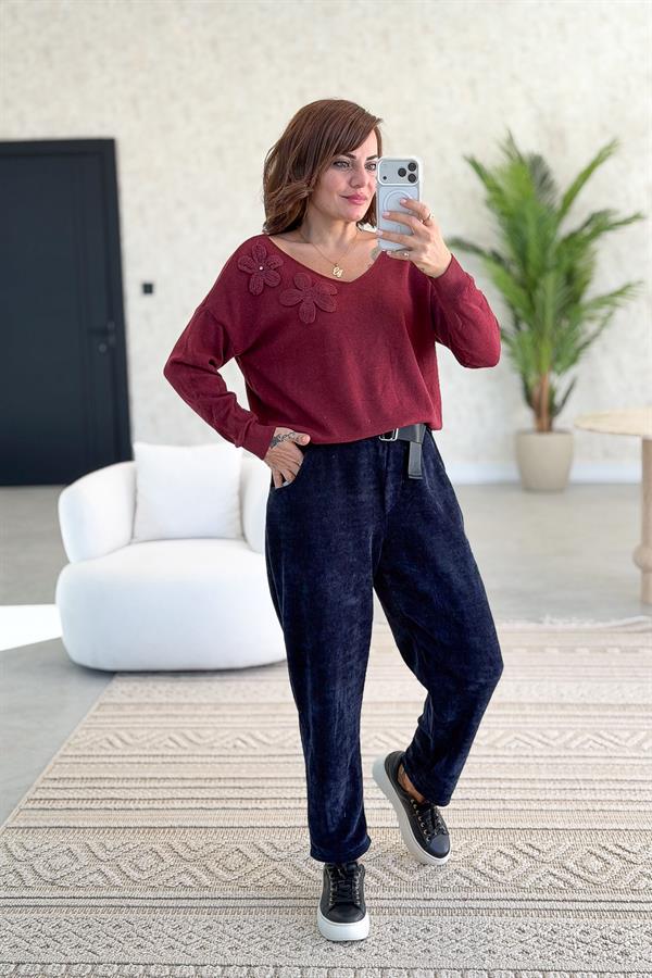 Çiçek Kabartmalı V Yaka Triko Bordo Renk