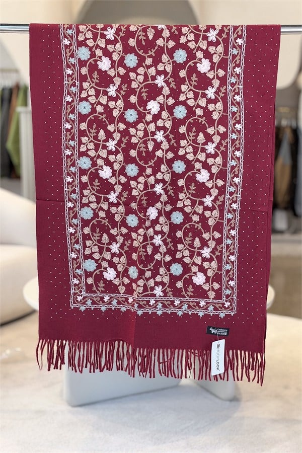 Çiçek Nakış İşlemeli Taş Baskılı Kaşmir Şal Bordo Renk