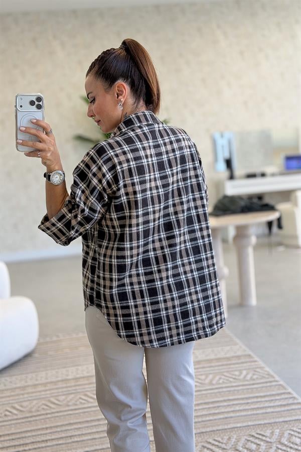 Çiçek Nakışlı Ekoseli Gömlek Bej Renk