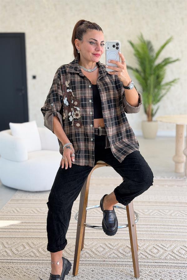 Çiçek Nakışlı Ekoseli Gömlek Vizon Renk