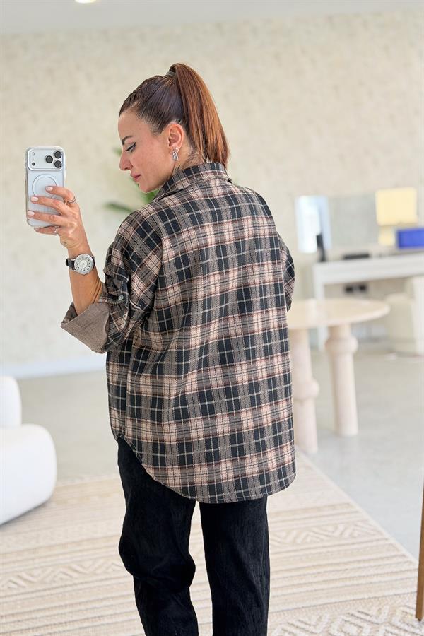 Çiçek Nakışlı Ekoseli Gömlek Vizon Renk