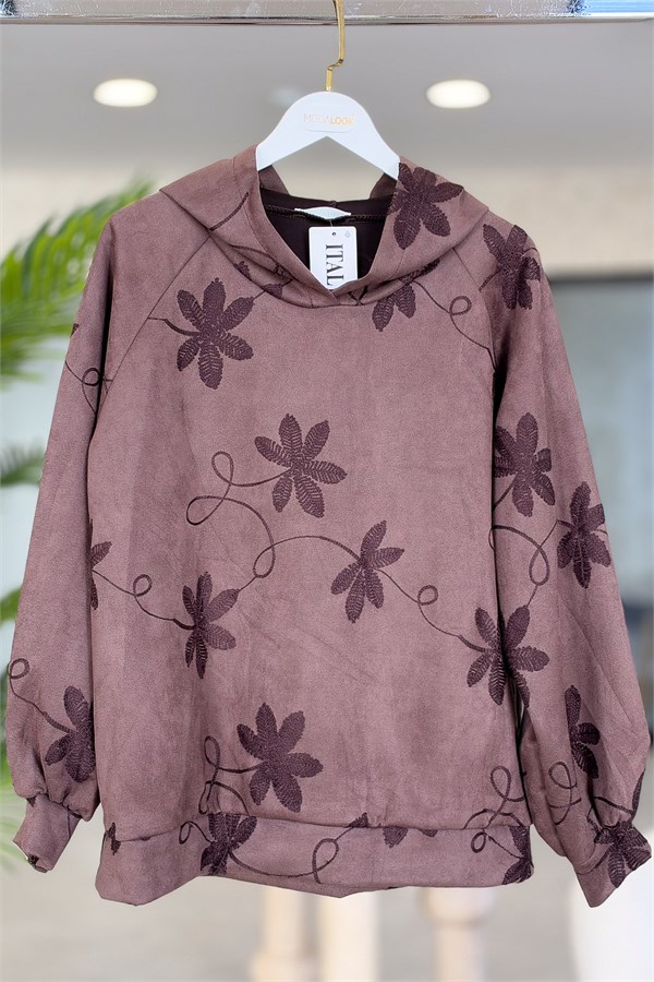 Çiçek Nakışlı Güderi Alt Üst Takım Kahverengi Renk