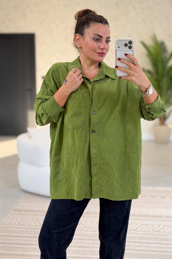 Çiçek Nakışlı Kadife Gömlek Fıstık Yeşil Renk