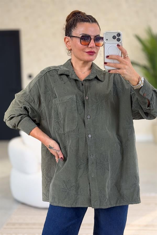Çiçek Nakışlı Kadife Gömlek Haki Renk