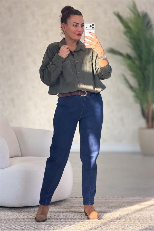 Çiçek Nakışlı Kadife Gömlek Haki Renk