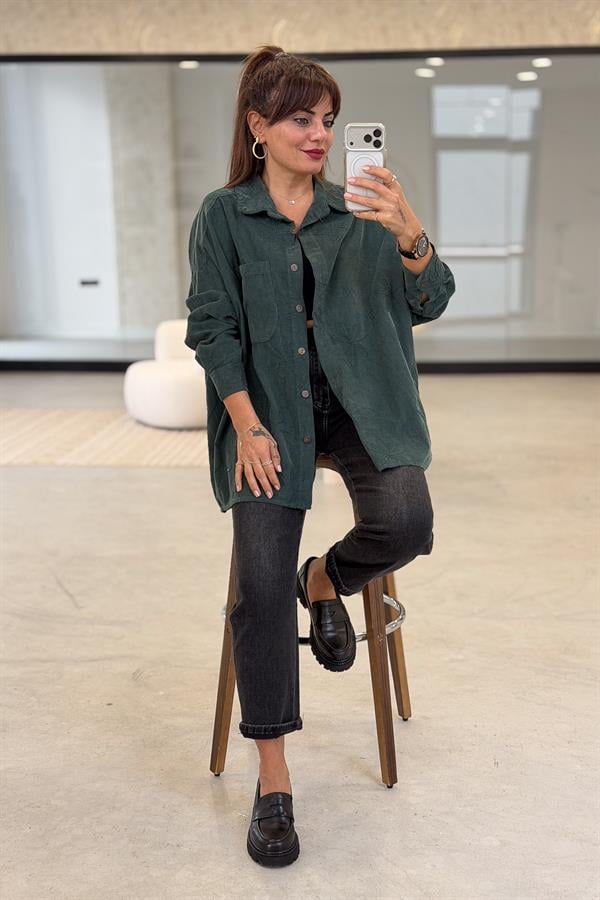 Çiçek Nakışlı Kadife Gömlek Nefti Yeşil Renk